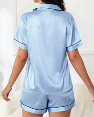 Satin Lapel Button Front Contrast Tie Pajama Set