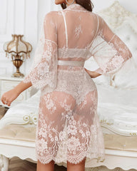 Women's Sexy Lace Bra Panties and Mesh Nightgown 3-Piece Set