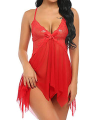 Women's Deep V Sexy Lace Mesh Irregular Hem Suspender Nightdress and Thong Set