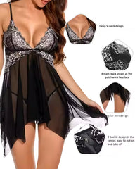 Sexy Deep V Lace Translucent Mesh Front Button Suspender Nightdress and Thong Set