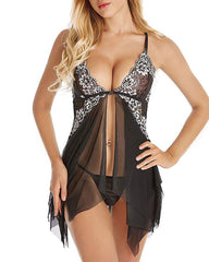 Sexy Deep V Lace Translucent Mesh Front Button Suspender Nightdress and Thong Set