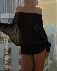 Women's Sexy Loose See-through Bat Sleeve Off-the-shoulder Long Sleeve Mini-Pleated Dress