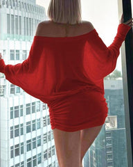 Women's Sexy Loose See-through Bat Sleeve Off-the-shoulder Long Sleeve Mini-Pleated Dress