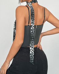 Sexy Leopard Contrast Low-Cut Herringbone Camisole Top