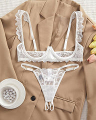 Women's Lace Sexy Underwire Spaghetti Straps Adjustable Bra and Open Crotch Design Thong Set