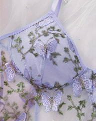 Women's Sexy Butterfly Embroidery Mesh Suspender Nightdress and Thong Set