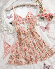 Women's Sexy Butterfly Embroidery Mesh Suspender Nightdress and Thong Set