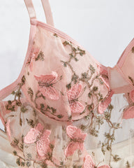 Women's Sexy Butterfly Embroidery Mesh Suspender Nightdress and Thong Set