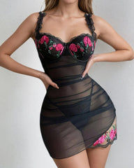 Sexy Mesh See-Through Flower Embroidery Slim Hip Nightdress