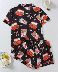 Women's Funny Fried Chicken Print Lapel Short Sleeve Shirt and Shorts Pajama Two-Piece Set