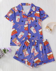 Women's Funny Fried Chicken Print Lapel Short Sleeve Shirt and Shorts Pajama Two-Piece Set