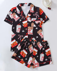 Women's Funny Fried Chicken Print Lapel Short Sleeve Shirt and Shorts Pajama Two-Piece Set