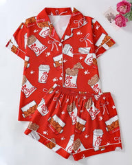 Women's Funny Fried Chicken Print Lapel Short Sleeve Shirt and Shorts Pajama Two-Piece Set