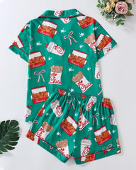 Women's Funny Fried Chicken Print Lapel Short Sleeve Shirt and Shorts Pajama Two-Piece Set