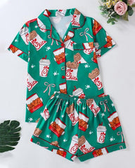 Women's Funny Fried Chicken Print Lapel Short Sleeve Shirt and Shorts Pajama Two-Piece Set