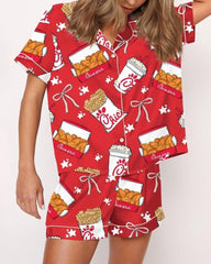 Women's Funny Fried Chicken Print Lapel Short Sleeve Shirt and Shorts Pajama Two-Piece Set