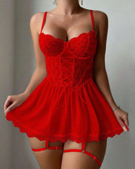 Sexy Lace Tie-Up Design See-Through Low-Cut Suspender Nightdress