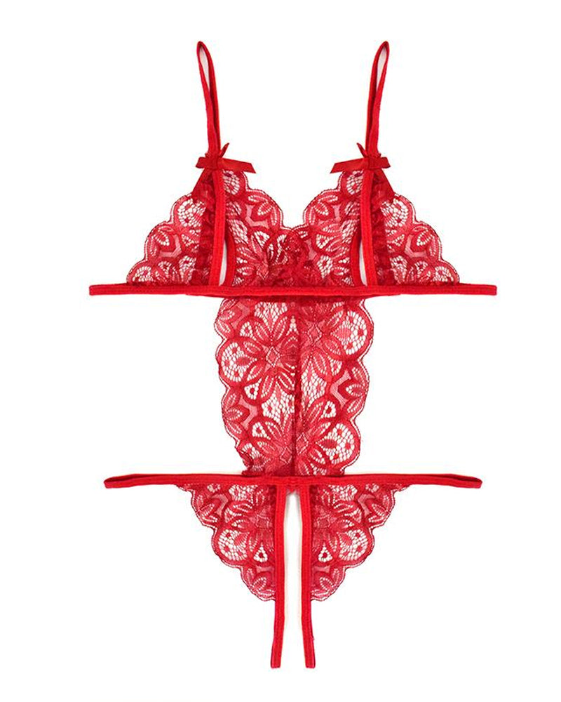 Translucent Pyjamas Women's Sexy Hollow Translucent Floral Lace Backless One-Piece Pajamas ...