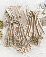 Women's Satin Printed Suspender Top Shorts Suspender Dress Nightgown Home Clothes Five-Piece Set