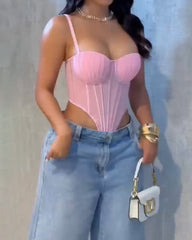 Sexy Fishbone Adjustable Shoulder Strap Tube Top Mesh Irregular Top