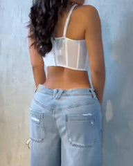 Sexy Fishbone Adjustable Shoulder Strap Tube Top Mesh Irregular Top