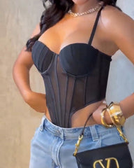 Sexy Fishbone Adjustable Shoulder Strap Tube Top Mesh Irregular Top