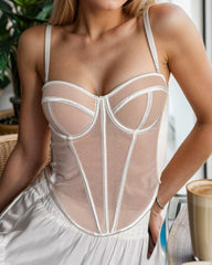 Sexy Herringbone Mesh Contrast Color Bustier Top