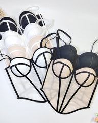 Sexy Herringbone Mesh Contrast Color Bustier Top