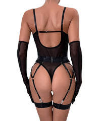 Sexy See-Through Mesh Splicing Low-Cut Bodysuit With Gloves Three-Piece Set