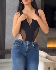 Sexy Sleeveless Zippered Mesh Bodysuit