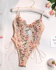 Women's Sexy Mesh Butterfly Embroidery Open Back Bodysuit