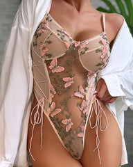 Women's Sexy Mesh Butterfly Embroidery Open Back Bodysuit