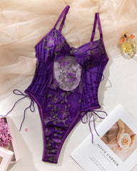 Women's Sexy Mesh Butterfly Embroidery Open Back Bodysuit