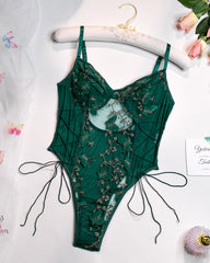 Women's Sexy Mesh Butterfly Embroidery Open Back Bodysuit