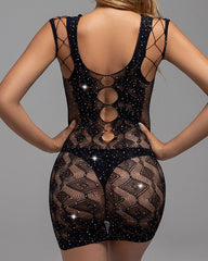 Sexy Diamond Hollow Black Lace Nightdress