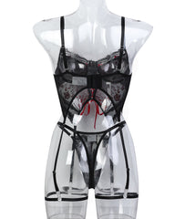 Sexy Flower Embroidered Cross Strap Pajamas Three Piece Set