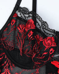 Sexy Flower Embroidered Cross Strap Pajamas Three Piece Set