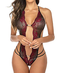 Sexy Lace-up Hollow Backless Floral Lace Crotchless Bodysuit