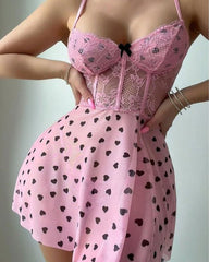 Sexy Lace See-Through Heart Print Camisole Nightdress and Thong Set