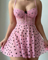 Sexy Lace See-Through Heart Print Camisole Nightdress and Thong Set