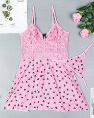 Sexy Lace See-Through Heart Print Camisole Nightdress and Thong Set
