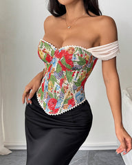 Retro Sexy Jacquard Palace Style Wrapped Chest Herringbone Top