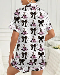 Women's Halloween Printed Casual Short Sleeve Top and Shorts Pajama Set