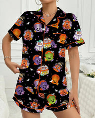 Women's Halloween Printed Casual Short Sleeve Top and Shorts Pajama Set