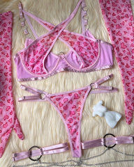 Pink Leopard Print Metal Chain Bra Set with Gloves and Leg Rings