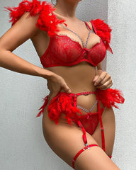 Sexy Lace Metal Chain Feather Embellished Pajama Set