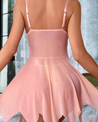 Sexy See-Through Lace Suspender Hollow Bow Tie Nightdress