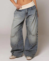 Vintage Knitted Belt Design Loose Washed Jeans