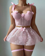 Heart-Shaped Sheer Mesh and 3D Flower Decorative Pajama Set with Fishnet Socks