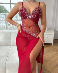 Sexy Deep V Heart Embroidered See-Through Mesh Lace Long Suspender Nightdress